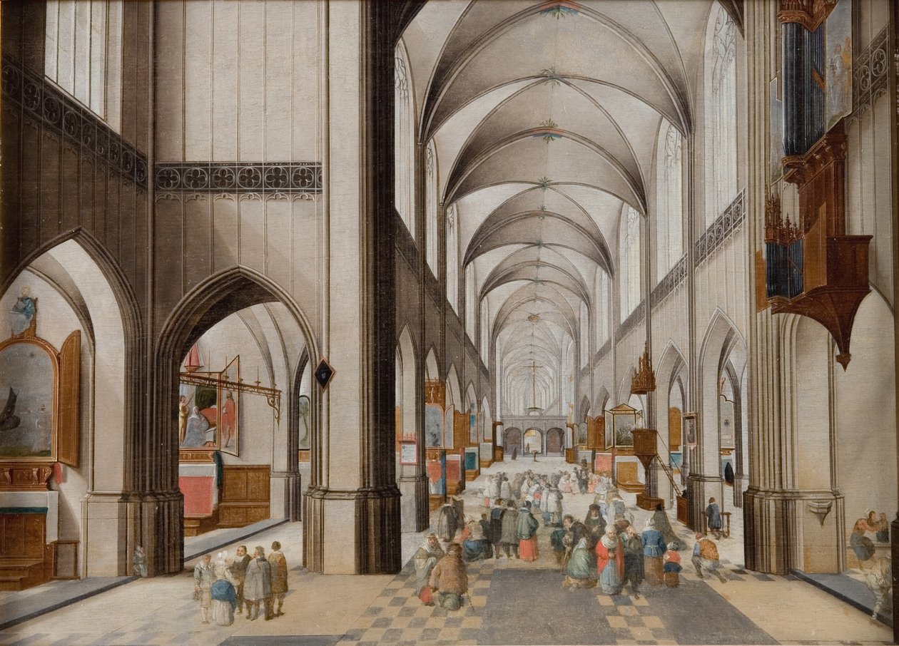 Innenansicht einer dreischiffigen gotischen Kirche während einer Predigt von Peeter Neeffs d.Æ.