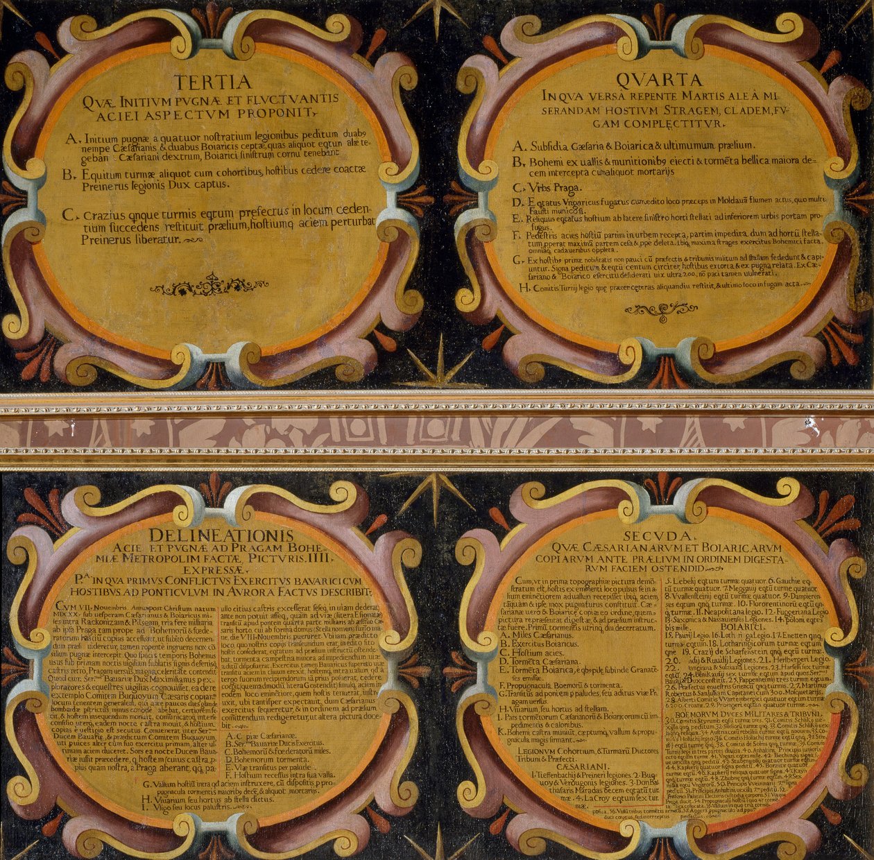 Beschriftungen von vier Gemälden der Schlacht am Weißen Berg, 7.-8. November 1620, Pieter Snayers (1592-1667) in Santa Maria della Vittoria, Rom von Peeter Snayers