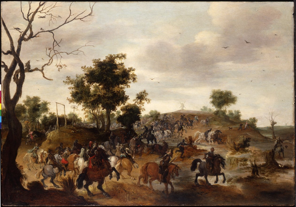 Landschaft mit einer Kavallerieschlacht, Galgen und einer Windmühle im Hintergrund von Peeter Snayers