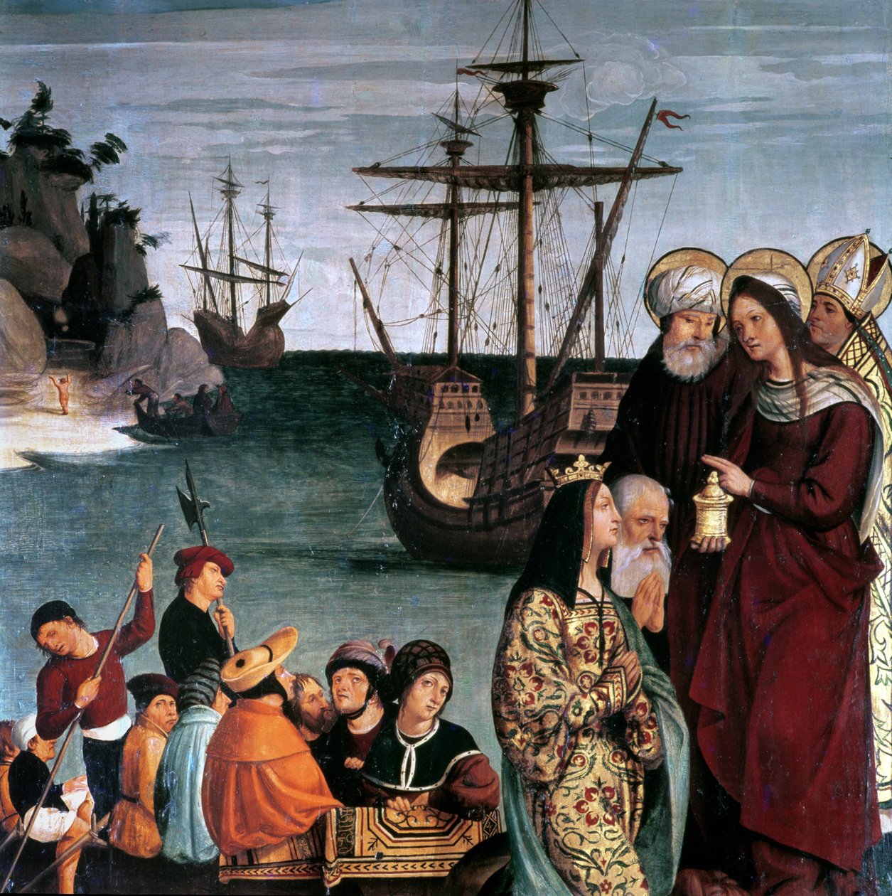 Maria Magdalena geht an Bord eines Schiffes, vom Altarbild der Heiligen ...