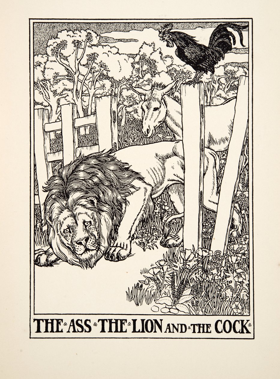 Der Esel, der Löwe und der Hahn, aus Hundert Fabeln von Aesop, veröffentlicht 1903 von Percy J. Billingshurst
