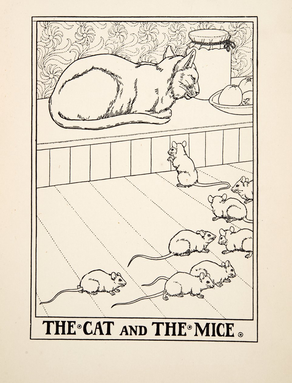 Die Katze und die Mäuse, aus Hundert Fabeln von Äsop, veröffentlicht 1903 (Gravur) von Percy J. Billingshurst