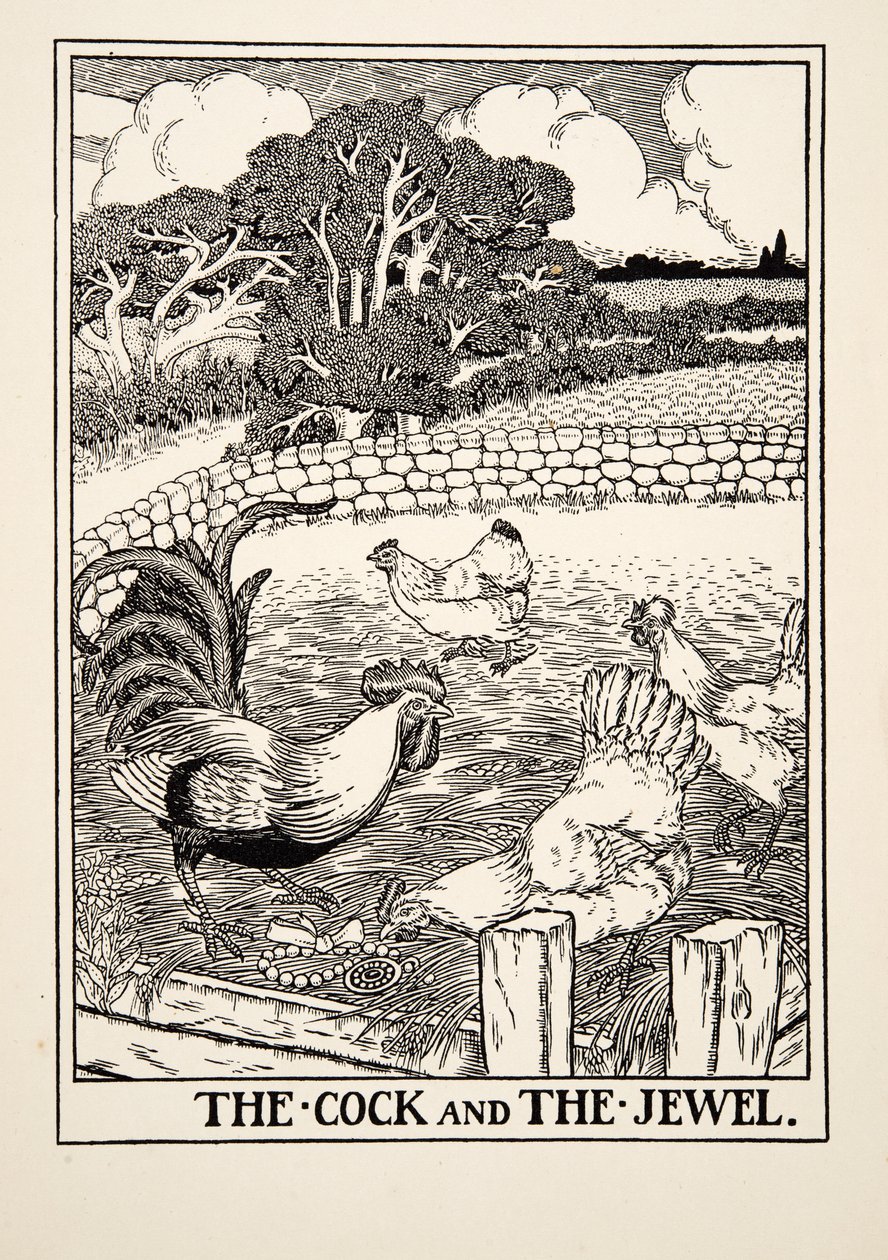 Der Hahn und das Juwel, aus Hundert Fabeln von Äsop, veröffentlicht 1903 von Percy J. Billingshurst