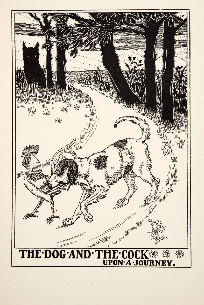 Der Hund und der Hahn auf einer Reise, aus Hundert Fabeln von Äsop, veröffentlicht 1903 von Percy J. Billingshurst