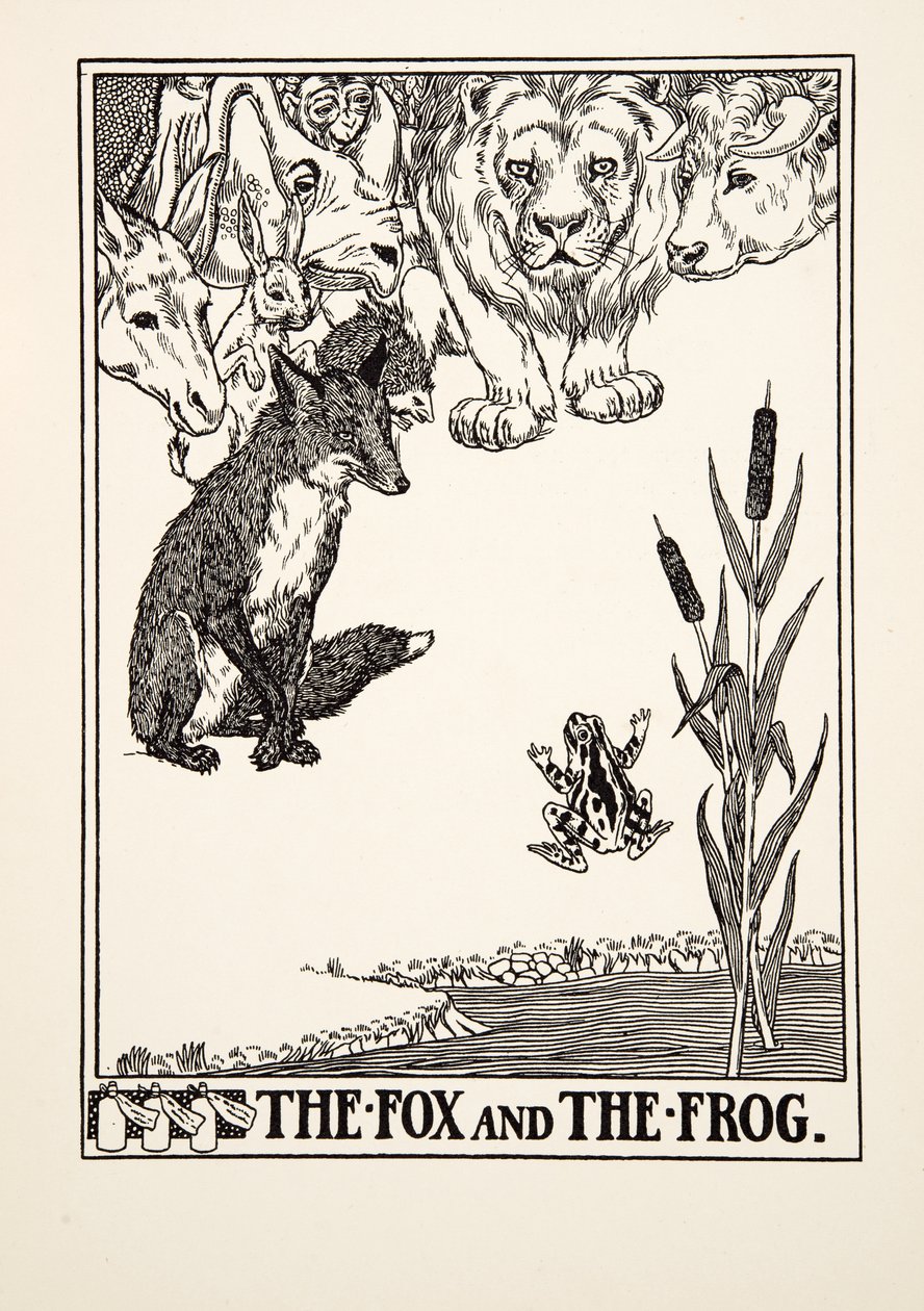 Der Fuchs und der Frosch, aus Hundert Fabeln von Äsop, veröffentlicht 1903 (Gravur) von Percy J. Billingshurst