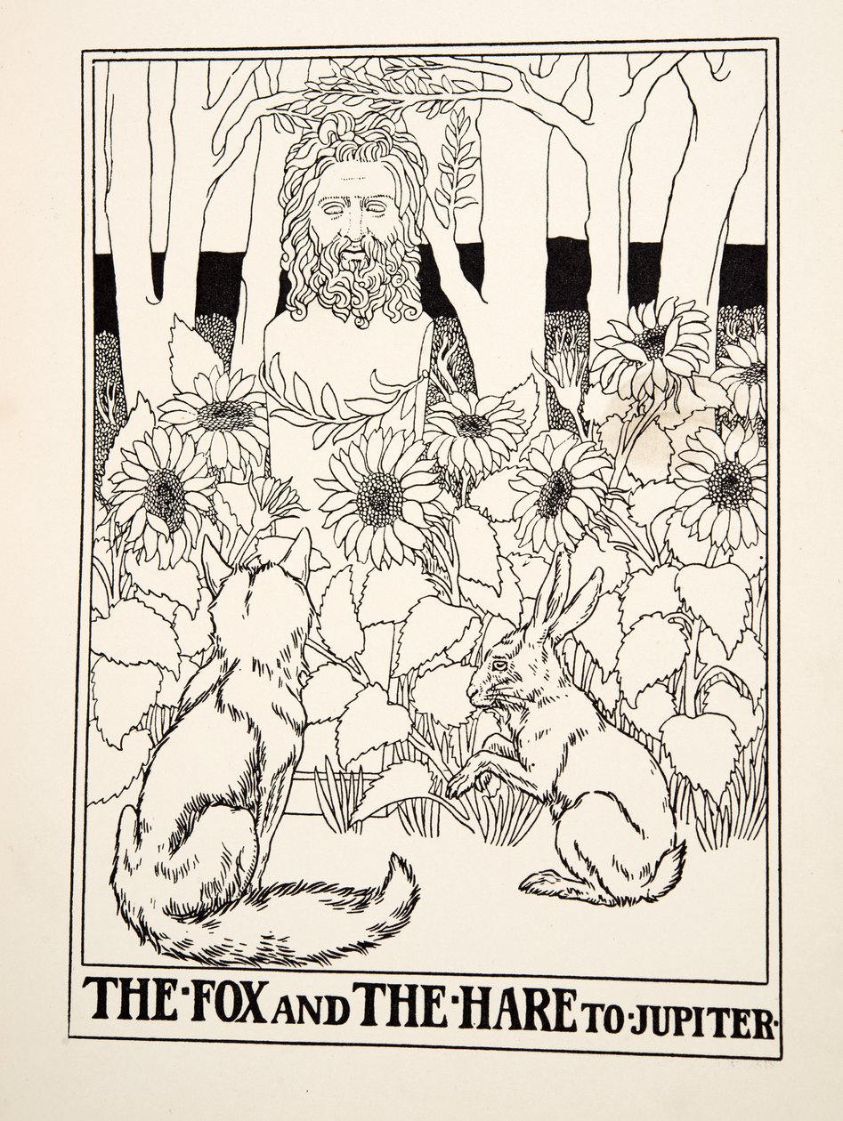 Der Fuchs und der Hase zu Jupiter, aus Hundert Fabeln von Äsop, veröffentlicht 1903 von Percy J. Billingshurst
