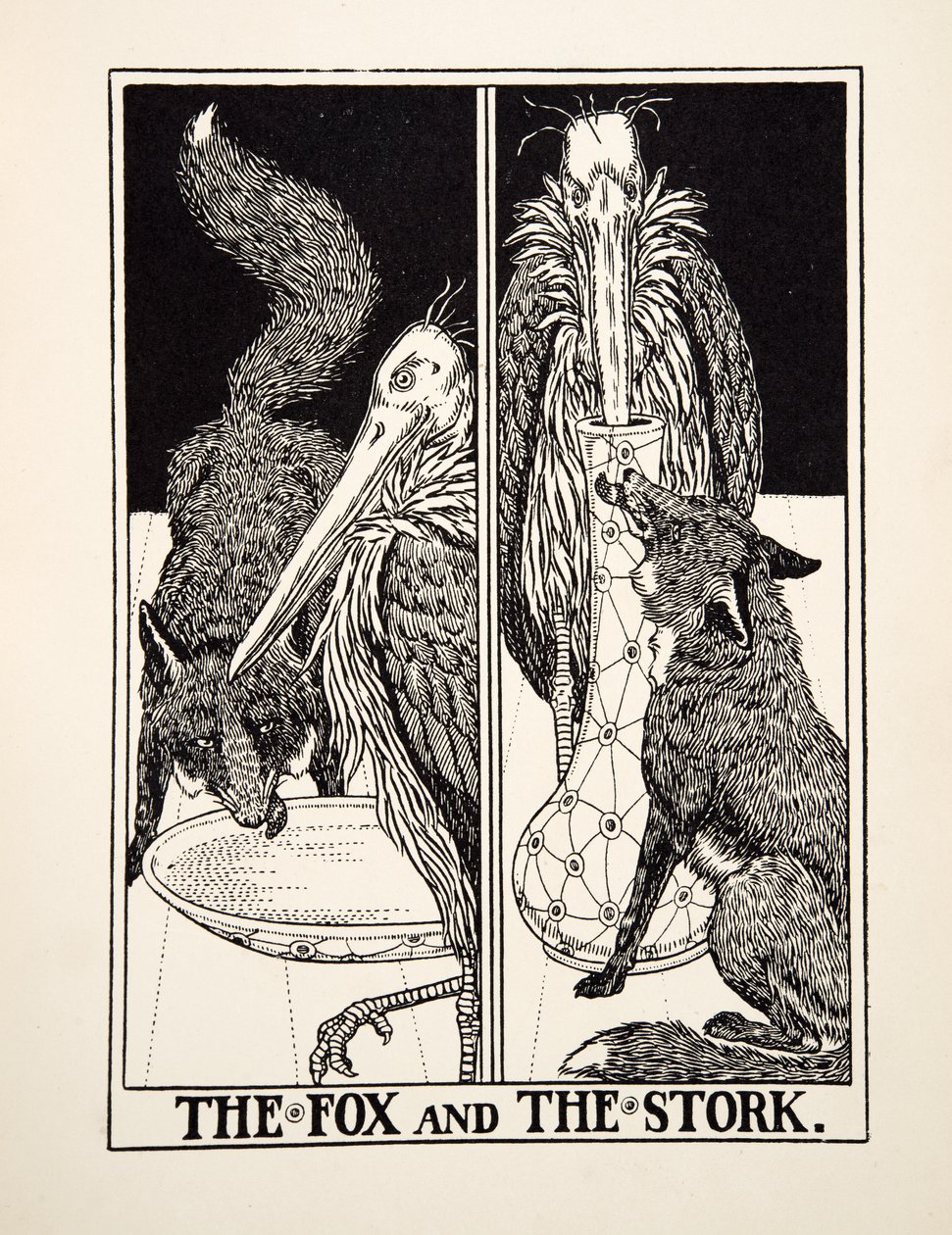 Der Fuchs und der Storch, aus Hundert Fabeln von Äsop, veröffentlicht 1903 von Percy J. Billingshurst