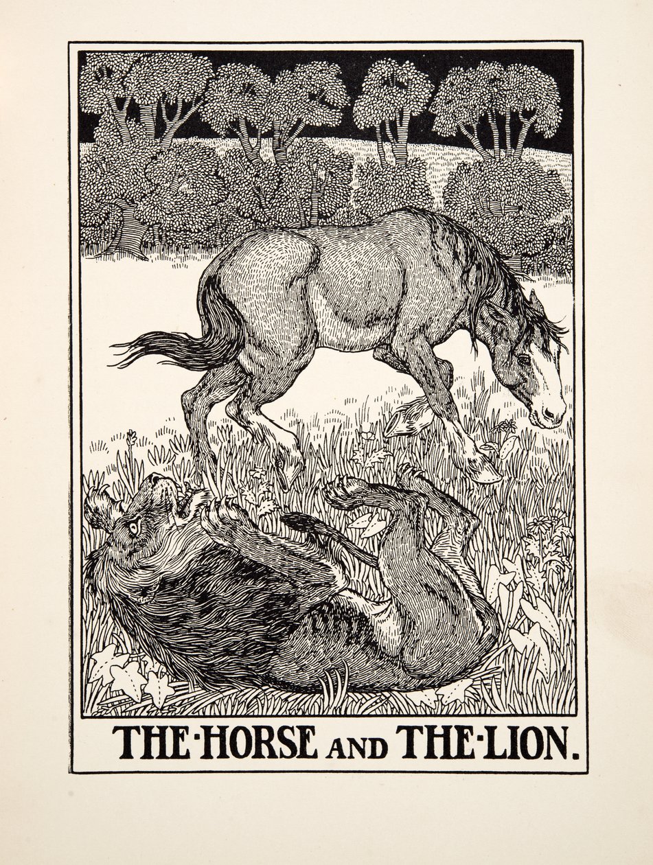 Das Pferd und der Löwe, aus Hundert Fabeln von Äsop, veröffentlicht 1903 von Percy J. Billingshurst