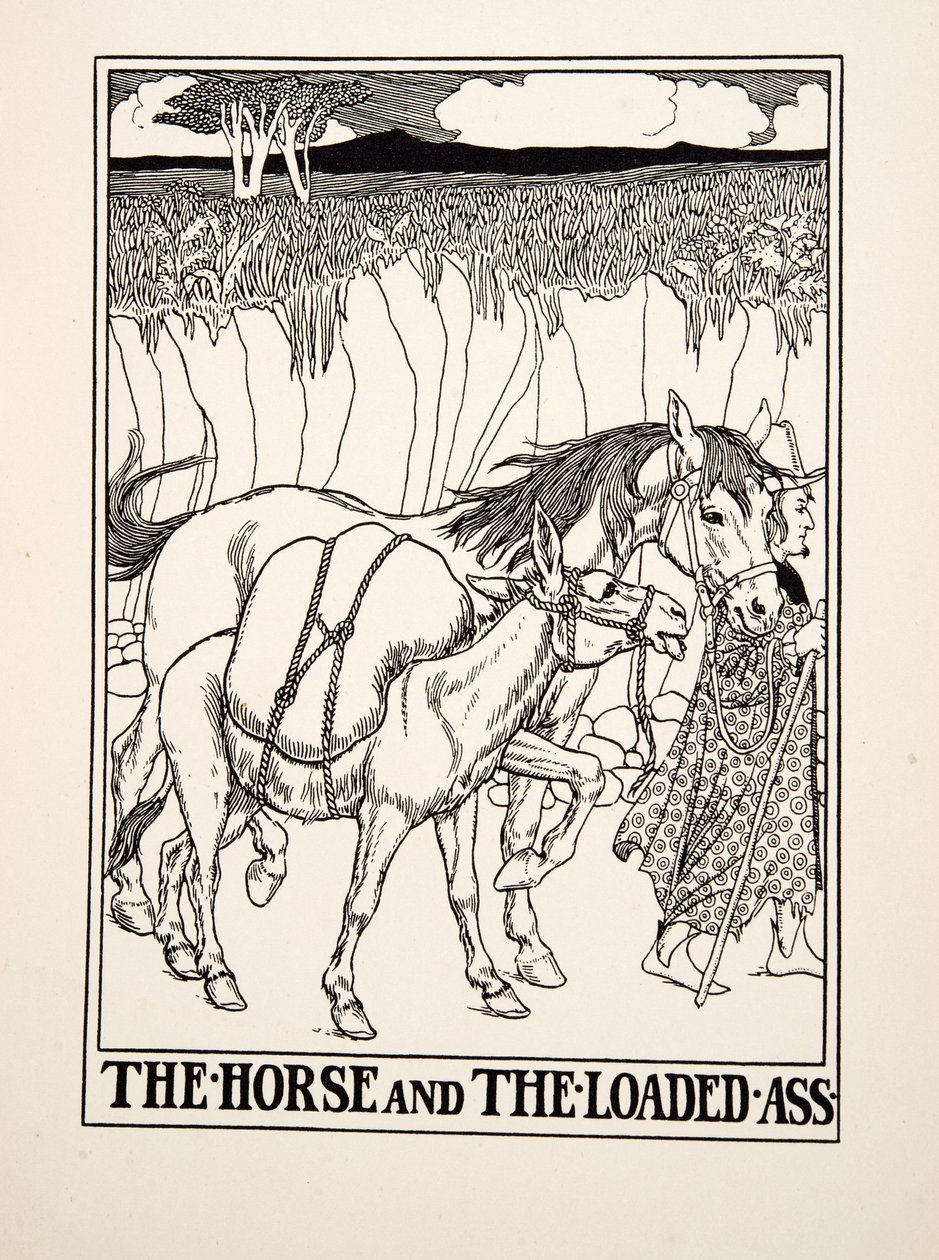 Das Pferd und der beladene Esel, aus Hundert Fabeln von Äsop, veröffentlicht 1903 (Gravur) von Percy J. Billingshurst