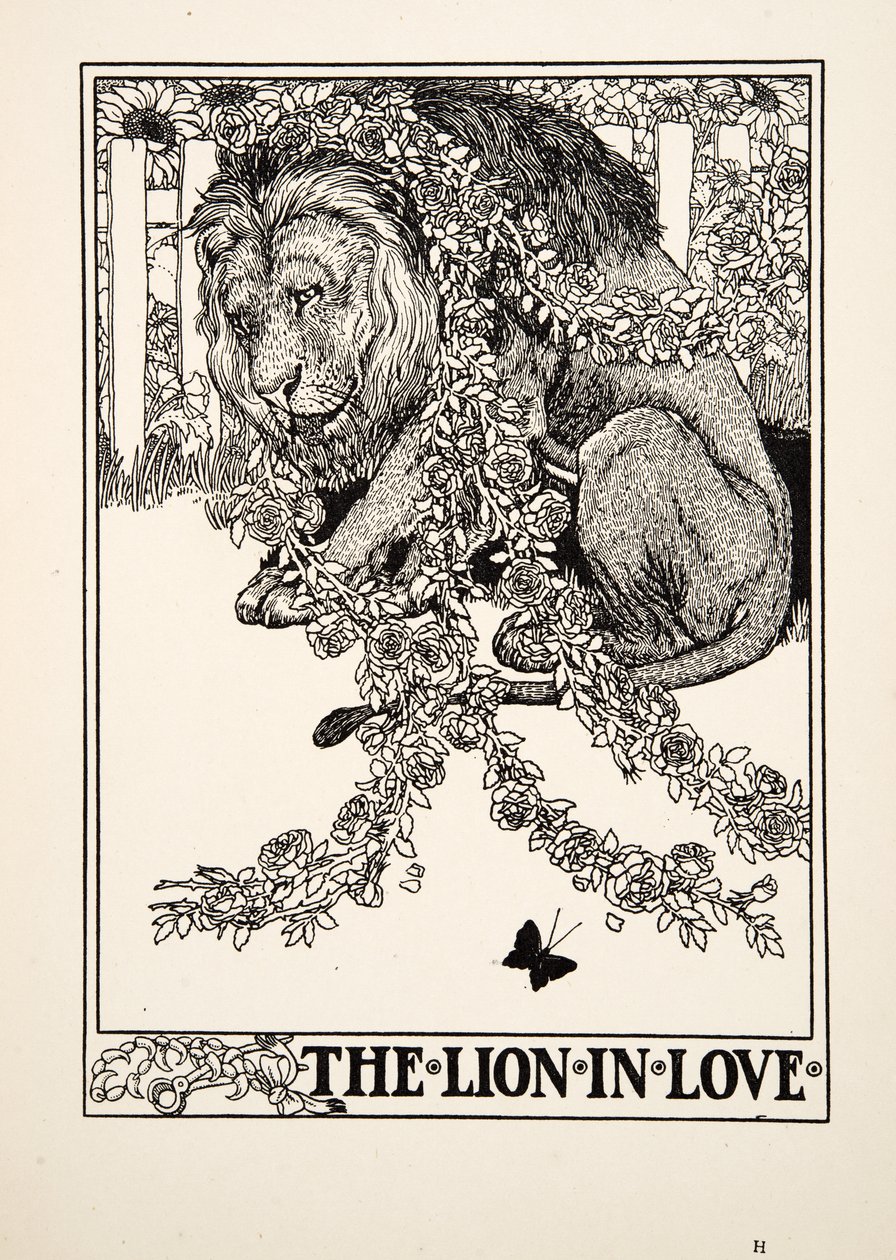Der verliebte Löwe, aus Hundert Fabeln von Äsop, veröffentlicht 1903 von Percy J. Billingshurst
