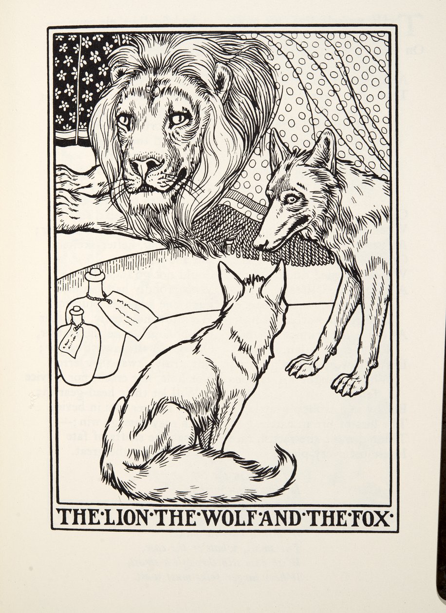 Der Löwe, der Wolf und der Fuchs, aus Fontaine Fabeln, veröffentlicht 1905 von Percy J. Billingshurst