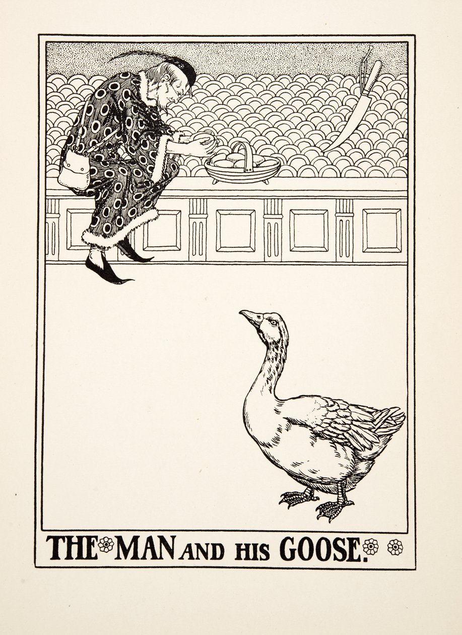 Der Mann und seine Gans, aus Hundert Fabeln von Äsop, veröffentlicht 1903 (Gravur) von Percy J. Billingshurst