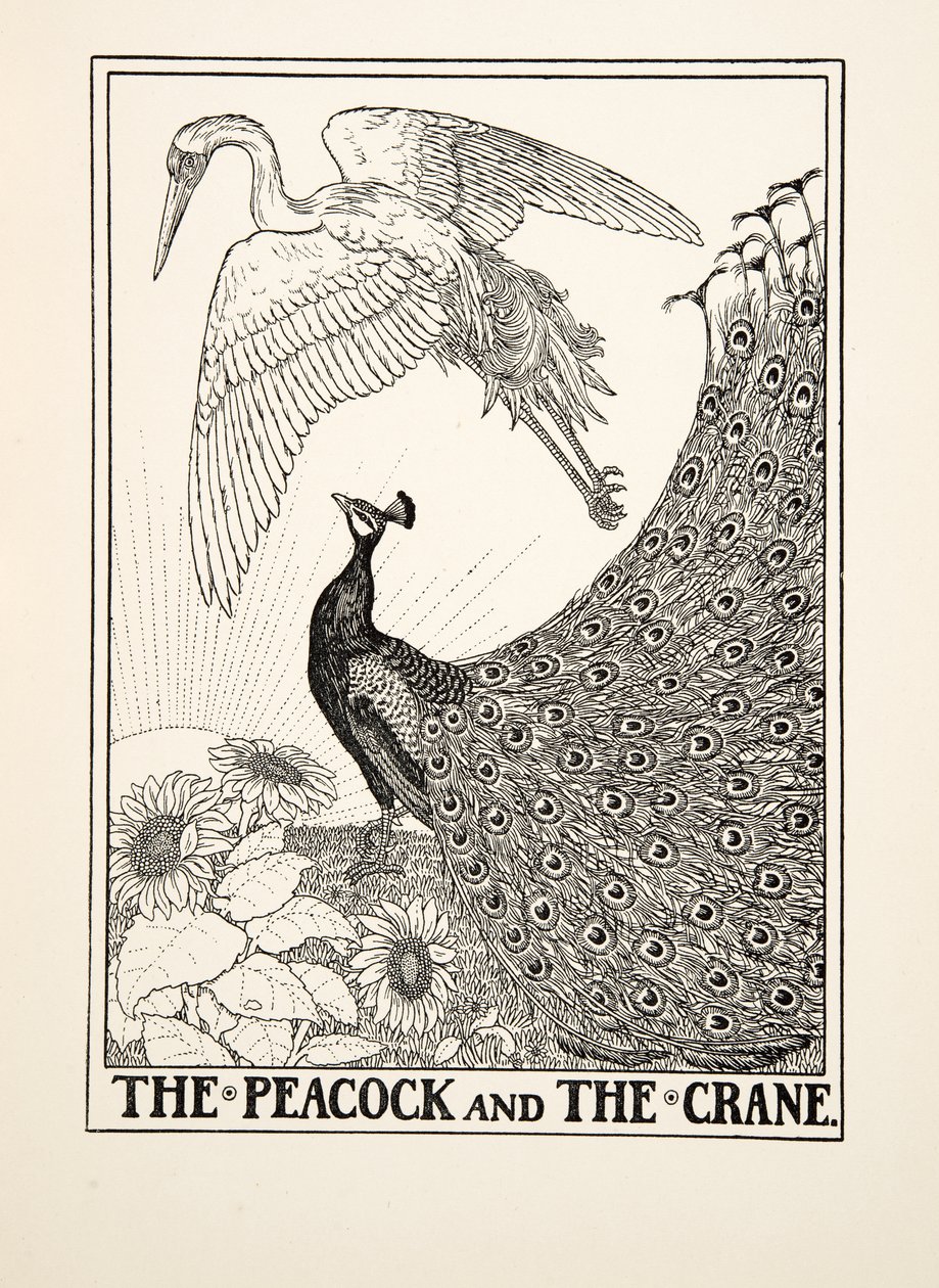 Der Pfau und der Kranich, aus Hundert Fabeln von Aesop, veröffentlicht 1903 von Percy J. Billingshurst