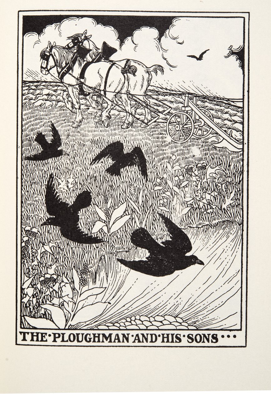Der Pflüger und seine Söhne, aus Fontaine Fabeln, veröffentlicht 1905 von Percy J. Billingshurst