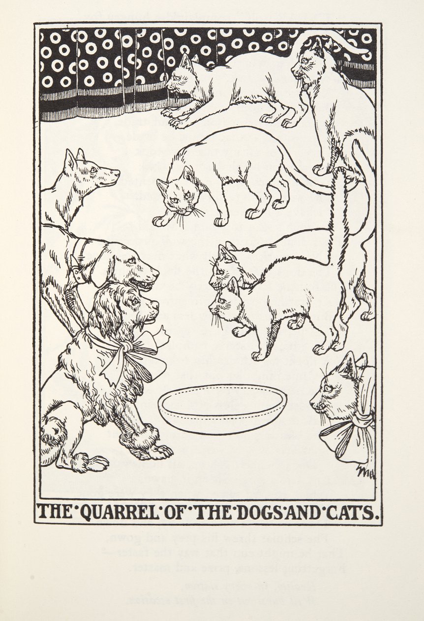Der Streit der Hunde und Katzen, aus Fontaine Fabeln, veröffentlicht 1905 von Percy J. Billingshurst