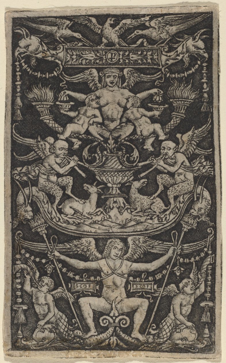 Ornamenttafel mit einer Satyrin, die zwei Kinder füttert von Peregrino da Cesena