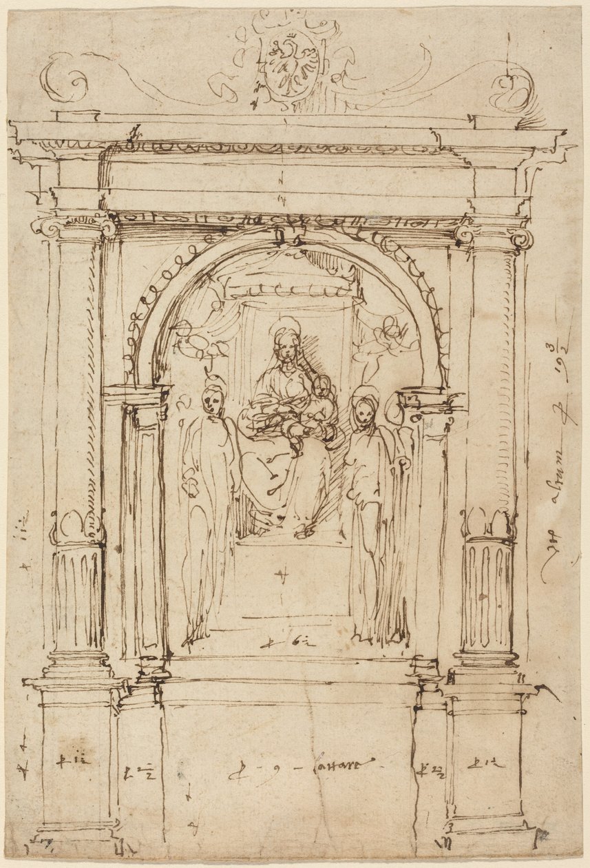 Altarbild der Madonna mit Kind und Heiligen in seiner architektonischen Umgebung von Perino del (1501-47) Vaga