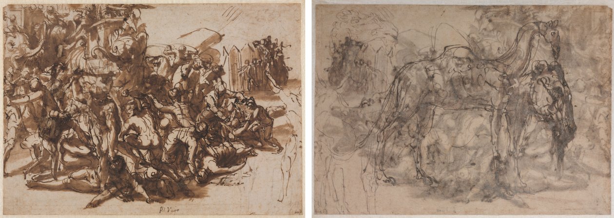 Poros von der makedonischen Armee angegriffen (recto); Tierskizzen (verso) von Perino del Vaga
