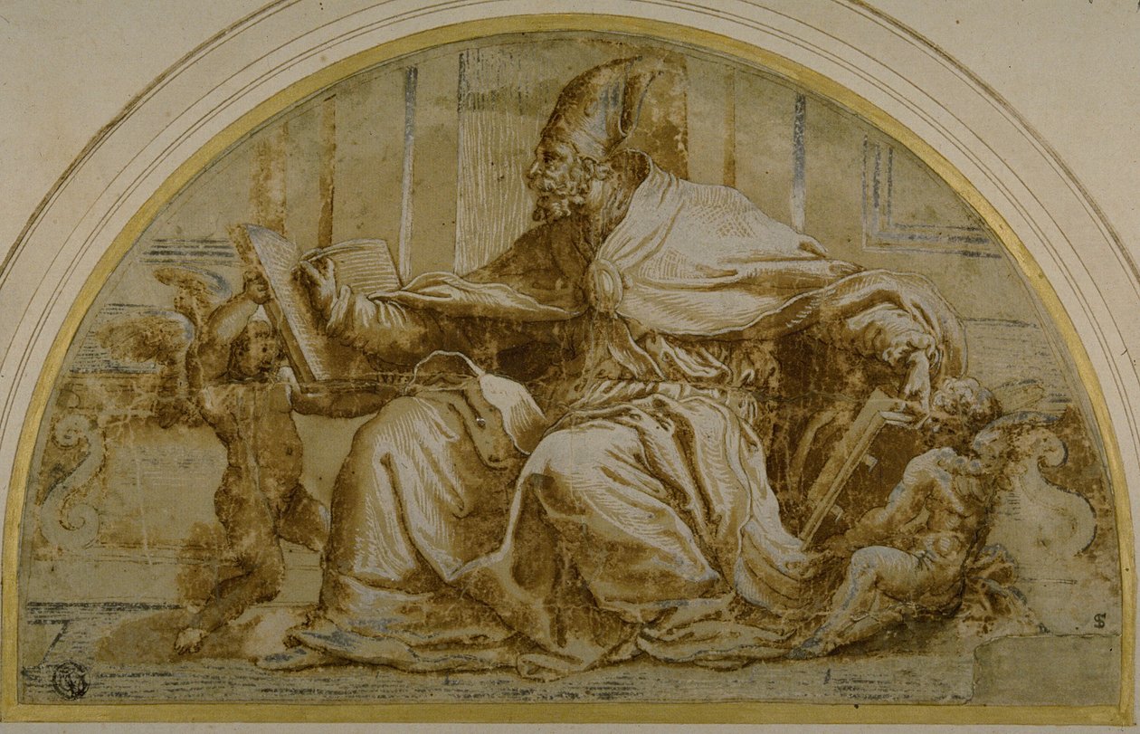 Sitzender Kirchenvater (Heiliger Augustinus?) mit Putti von Perino del Vaga