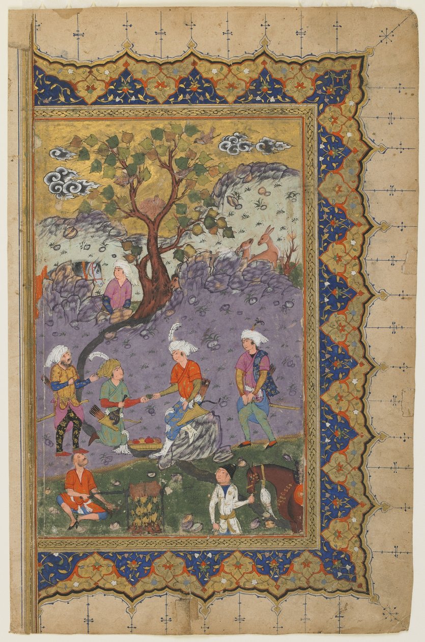 Ein Prinz sitzt in einer Landschaft mit Begleitern, ca. 1600 von Persian School