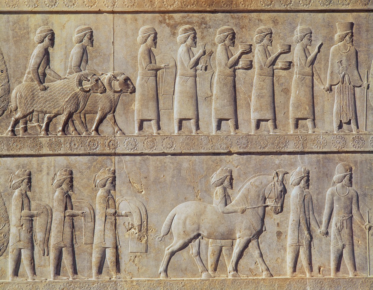 Detail des Relief-Frieses auf der Osttreppe zur Apadana (Audienzhalle), das Delegierte aus den unterworfenen Ländern des Reiches zeigt, die üppige Geschenke für eine Zeremonie bringen, Achämenidenzeit, ca. 515 v. Chr. von Persian School