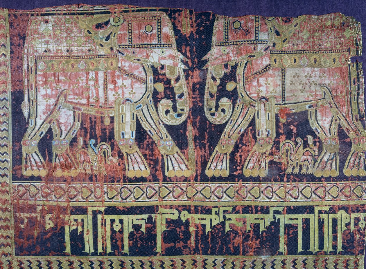 Elefanten und Inschrift des türkischen Generals Abu Mansur Bukhtegin, Seidenstoff aus dem Iran im 10. Jahrhundert, Detail von Persian School