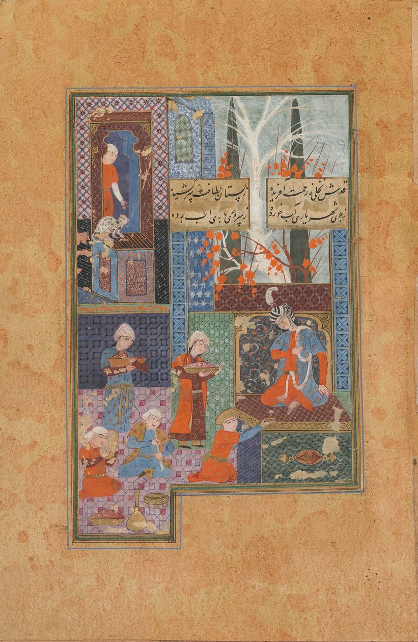 Folio aus einem Divan (gesammelte Gedichte) von Jami (gest. 1492); Prinz und Begleiter von Persian School