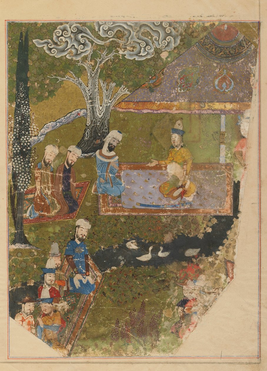 Seite aus einem Zafarnama; verso: Timur gewährt eine Audienz anlässlich seiner Thronbesteigung in Balkh, Schiras, Iran, Timuridenzeit von Persian School