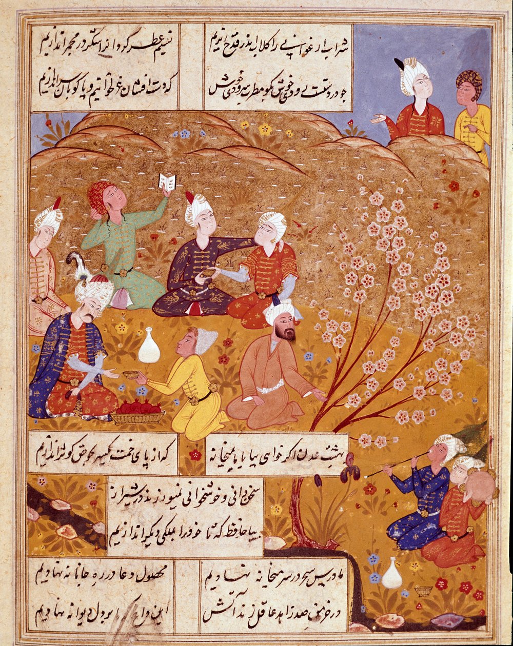 Islamische Kunst: „Das königliche Picknick auf dem Land“. Miniatur zur Illustration der Gedichte des persischen Dichters Hafez (Hafiz Shirazi), persisches Manuskript. 1554 San Lorenzo de El Escorial, Königliche Bibliothek des Klosters El Escorial, Madrid von Persian School