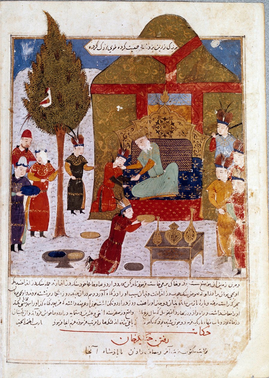 Mongolischer Kaiser Dschingis Khan auf seinem Thron in einem Lager bei Ilmil mit seinen Enkeln Quibalai und Hule Gu von Persian School