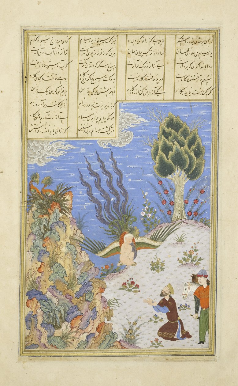 Der Simurgh bringt Zal zu Sam zurück, Illustration aus dem Shahnama (Buch der Könige), von Abul-Qasim Mansur Firdawsi (ca. 934-ca. 1020), 1444 von Persian School