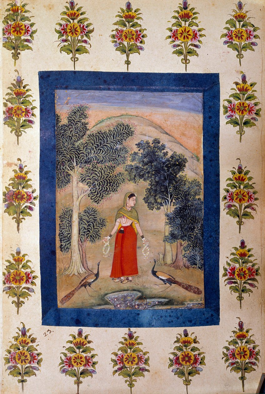 Persische Kunst: Dame mit zwei Blumenketten, die sie zwei Pfauen präsentiert von Persian School