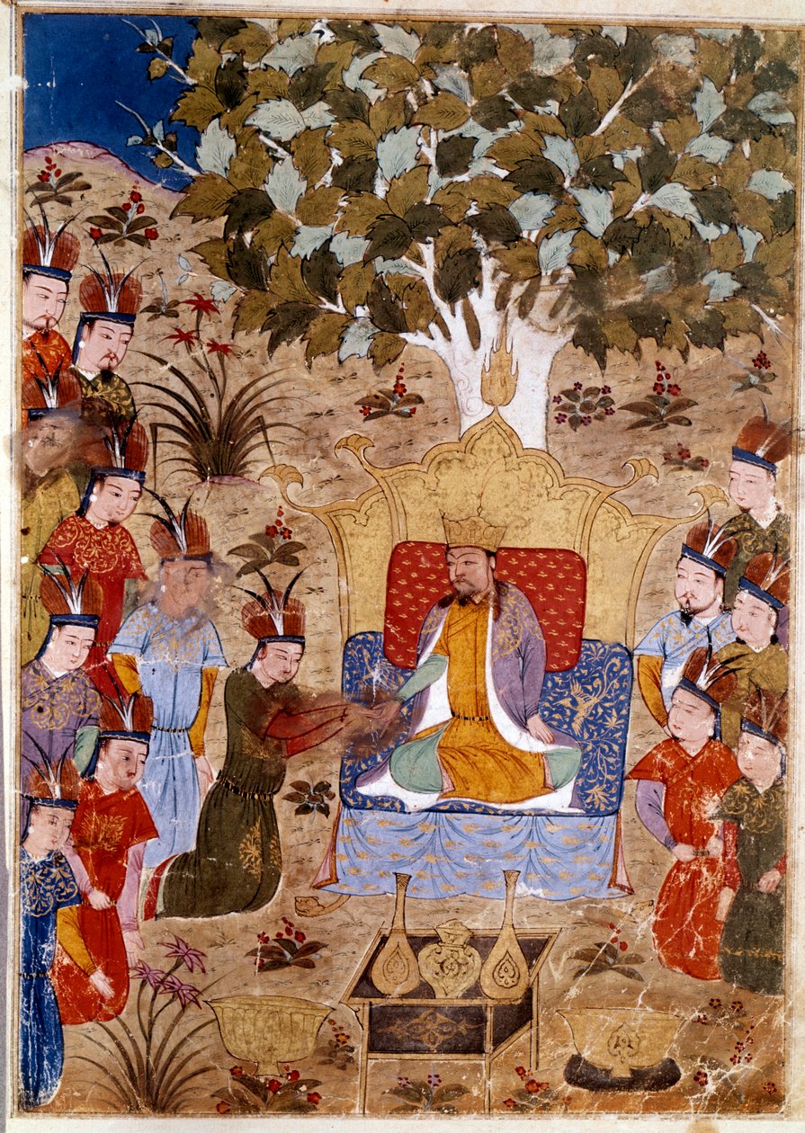 Darstellung von Chaghtai Khan (1227-1242) auf seinem Thron, er ist der Sohn von Dschingis Khan zu Pferd. Persische Miniatur aus „Jami al-Tawarikh“ (Jami al tawarikh) oder „Universalgeschichte“ von Historiker Rashid al-Din (al din) (1247-1318) um 1430. von Persian School