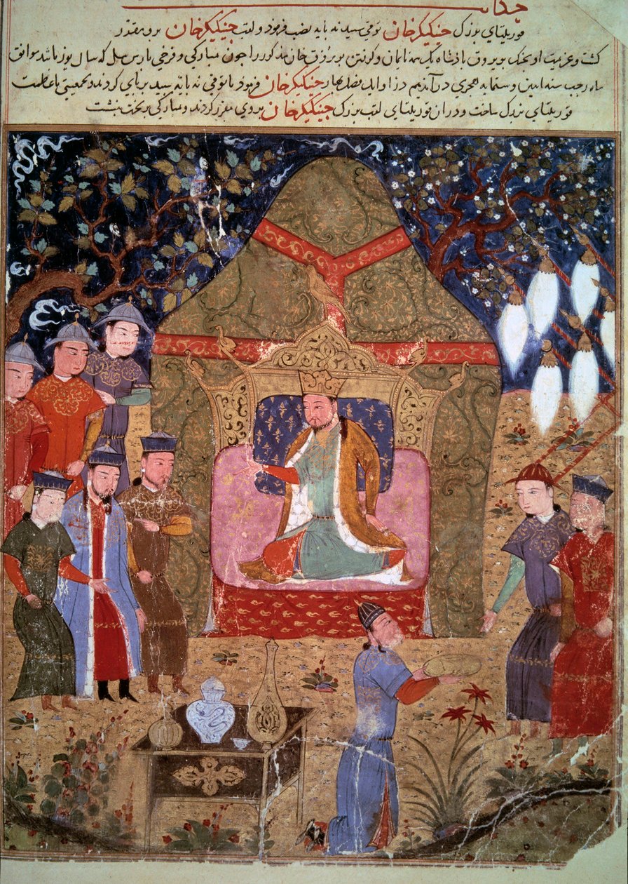 Der Hof des mongolischen Kaisers Dschingis Khan, Darstellung des persischen Miniaturzentrums aus Jami al-Tawarikh von Persian School