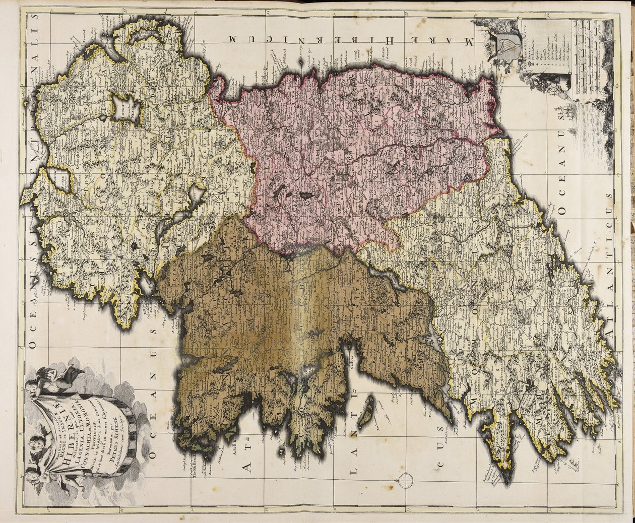 Novissima et accuratissima regni et insulae Hiberniae delineatio: in qua sunt Lagenia, Ultonia, Connachia et Momonia provinciae: divisae in triginta duos comitatus qui et sunt divisi in omnes subjacentes baronnatus / per Petrus Schenk von Peter Schenk the Elder