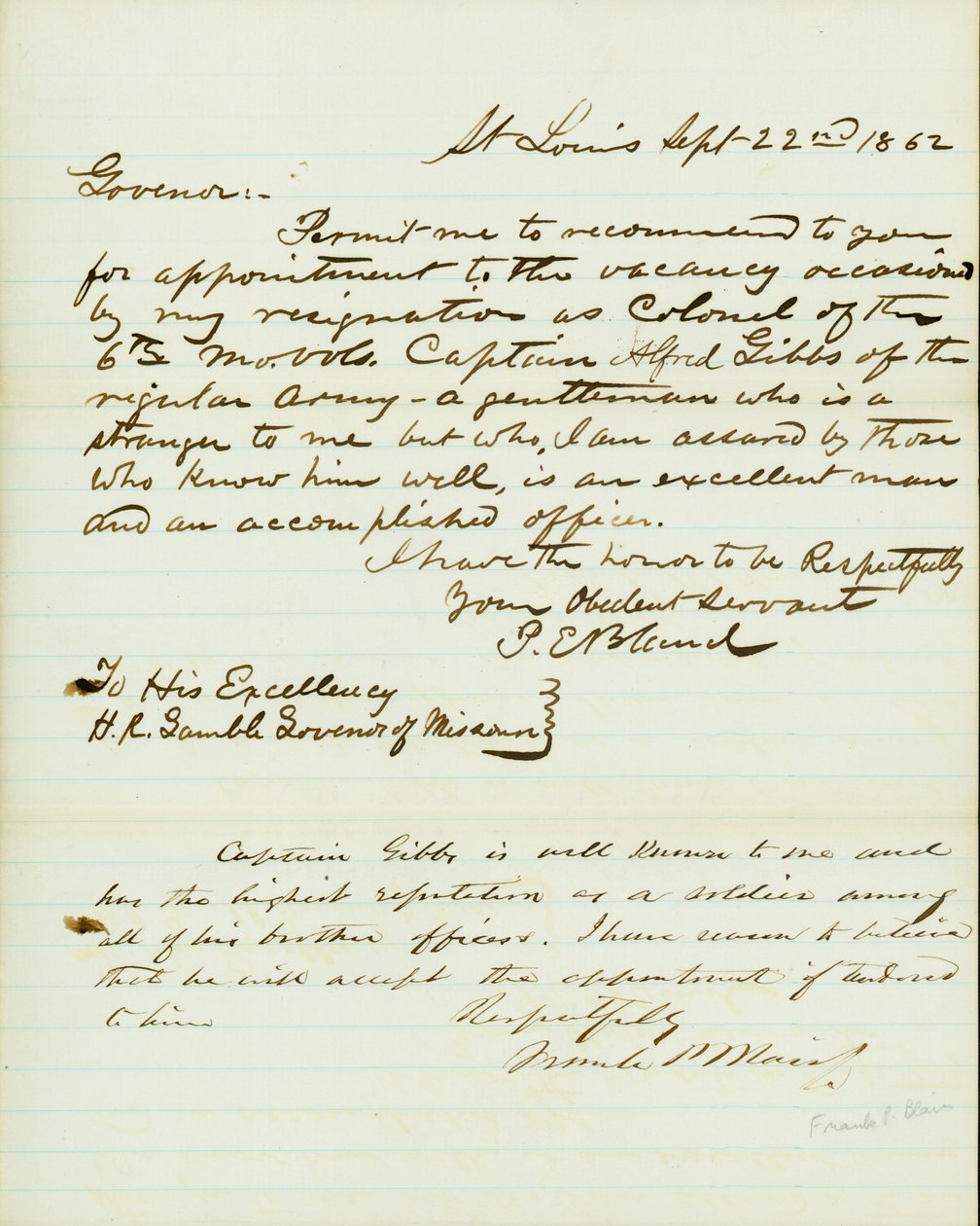Brief unterschrieben P.E. Bland, St. Louis, an H.R. Gamble, Gouverneur von Missouri, 22. September 1862 von Peter E. Bland