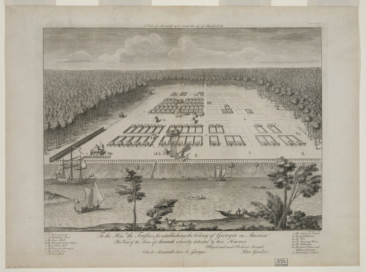 Ansicht von Savannah am 29. März 1734, graviert von P. Fourdrinier, London, um 1735 von Peter Gordon