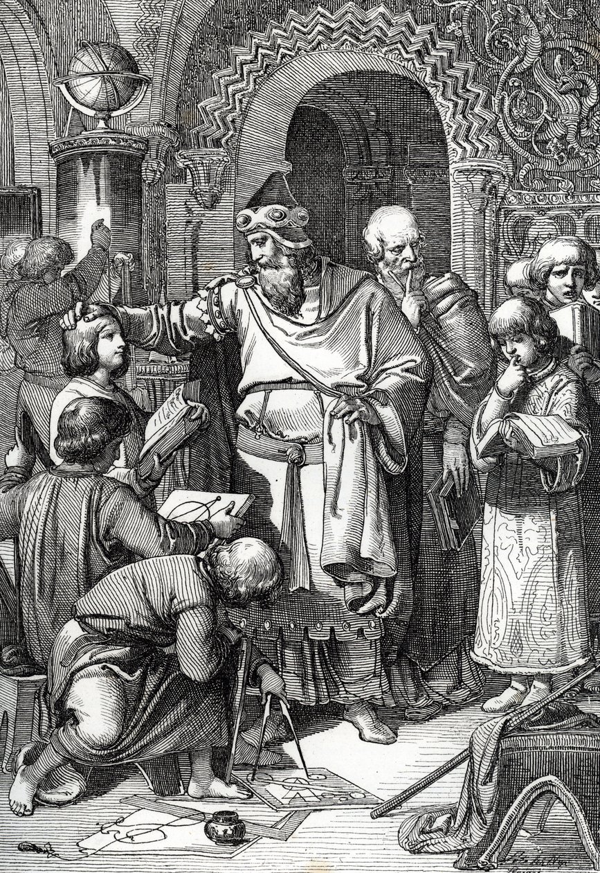 Kaiser Karl der Große (742-814) Gründer der Schulversammlung von Kindern Federzeichnung aus „Historische Memorabilian des In- und Auslandes“ von Anton Ziegler von Peter Johann Nepomuck Geiger