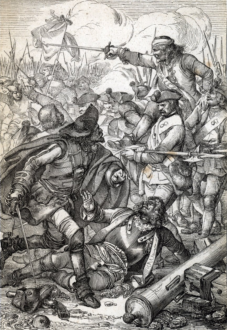 Großer Nordischer Krieg: Die Schlacht von Poltawa zwischen der Armee von Peter I. von Russland und den Truppen von Karl XII. von Schweden, 8. Juli 1709. Federzeichnung aus 