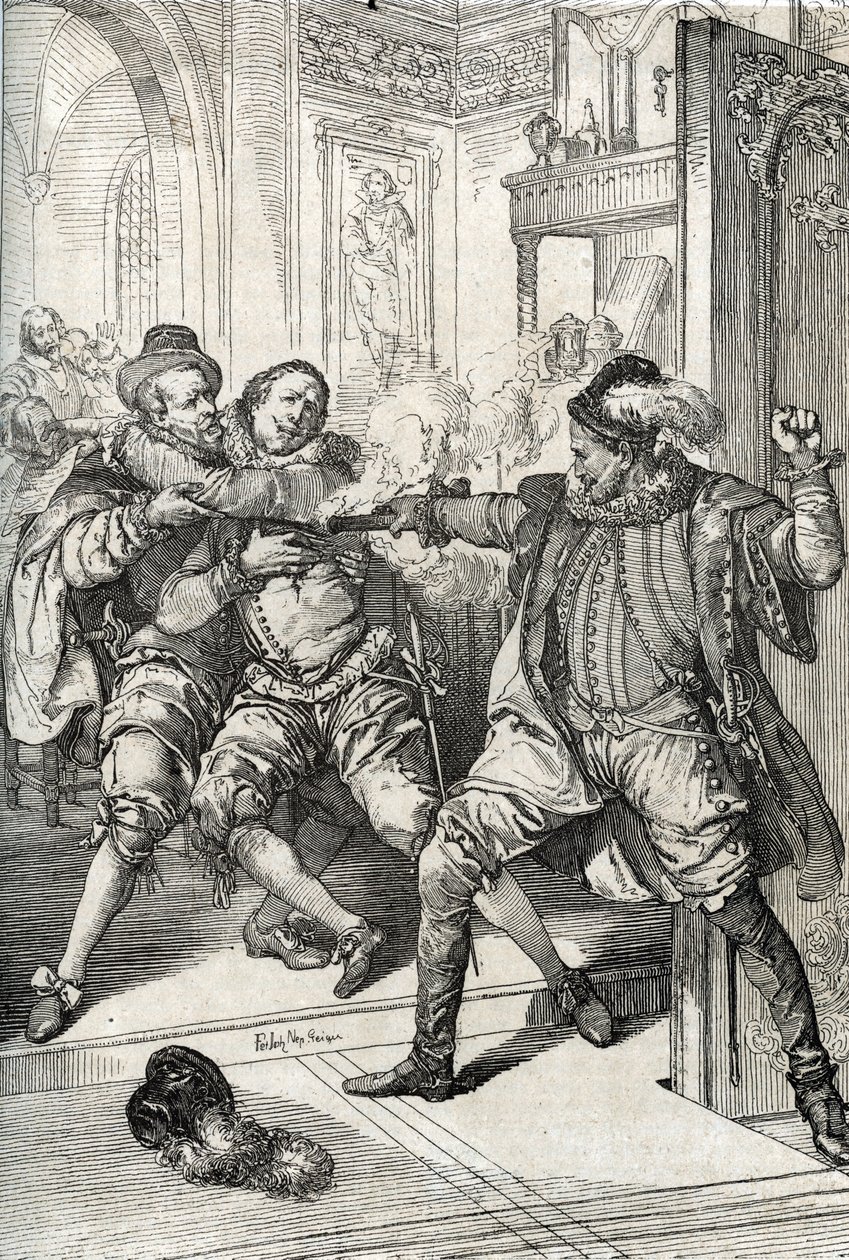 Krieg der vierzig Jahre (1568-1648): Die Ermordung von Wilhelm von Oranien, genannt Wilhelm der Schweiger (1533-1584) am 10.07.1584 durch Balthazar Gerard während des Achtzigjährigen Krieges von Peter Johann Nepomuck Geiger