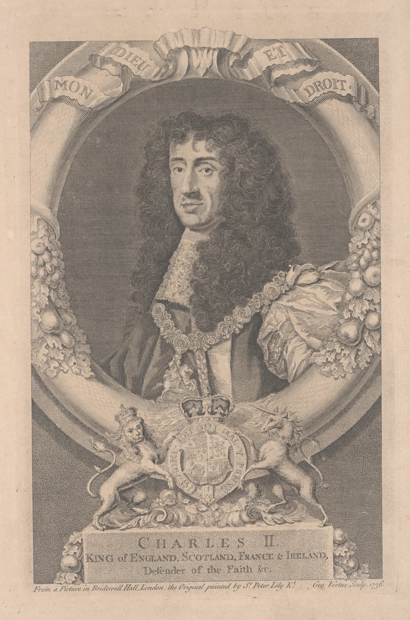 Charles II., König von England, Schottland, Frankreich und Irland, graviert von George Vertue von Peter Lely