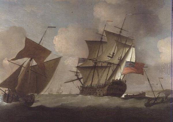 Ein Dritter Rang schließt sich ihrem Geschwader vor Elizabeth Castle, Jersey an von Peter Monamy