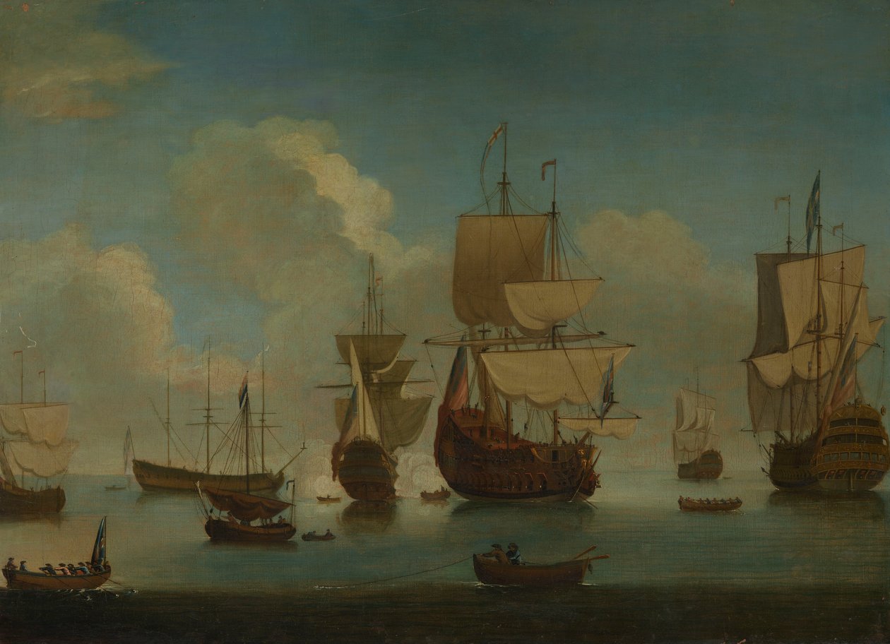 Englische Kriegsschiffe vor Anker in ruhiger See, Segel trocknend, frühes 18. Jahrhundert von Peter Monamy