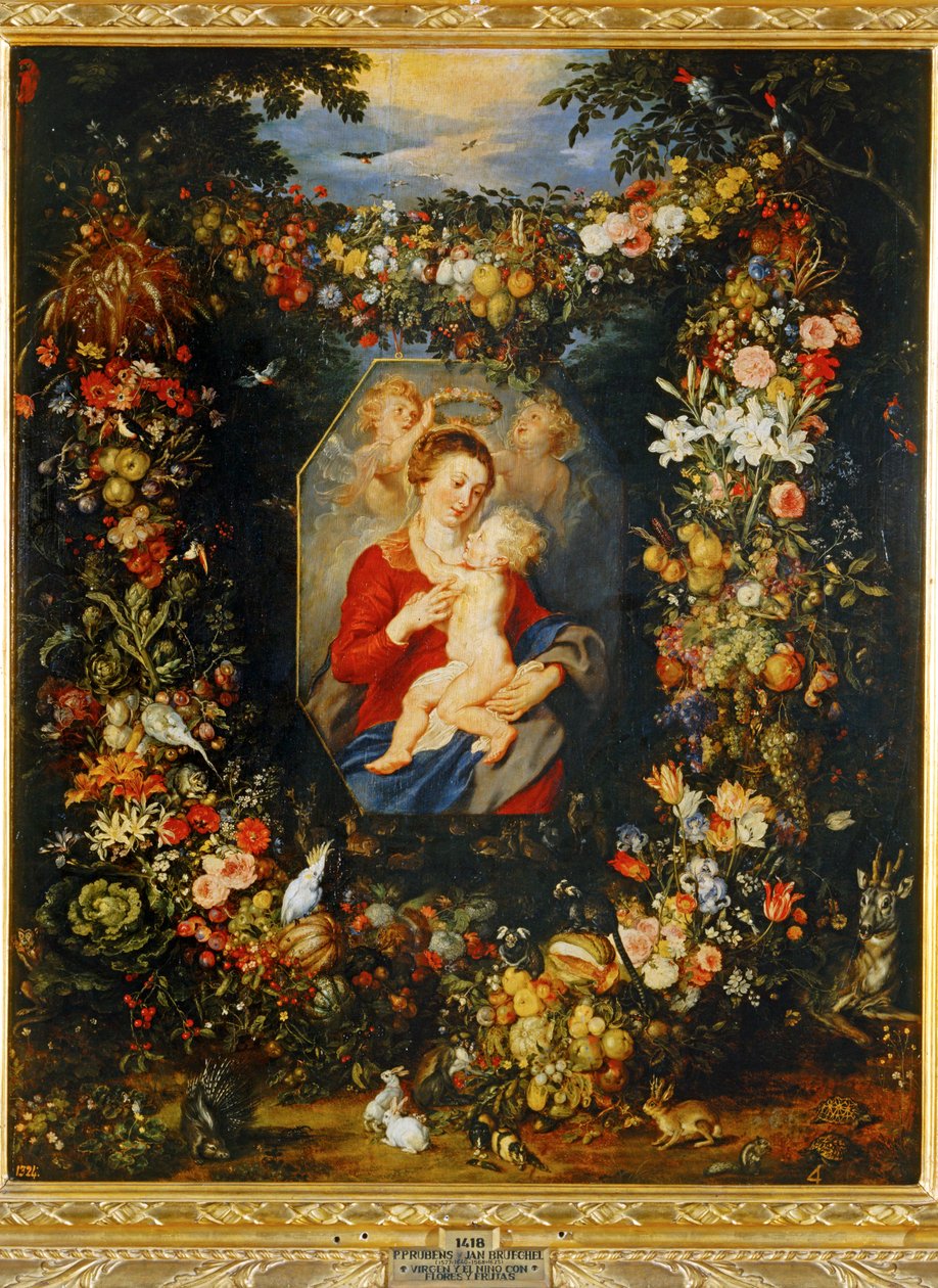 Maria Jungfrau und Kind mit Blumen- und Früchtekranz von Peter Paul & Brueghel Jan (1601 78) Rubens