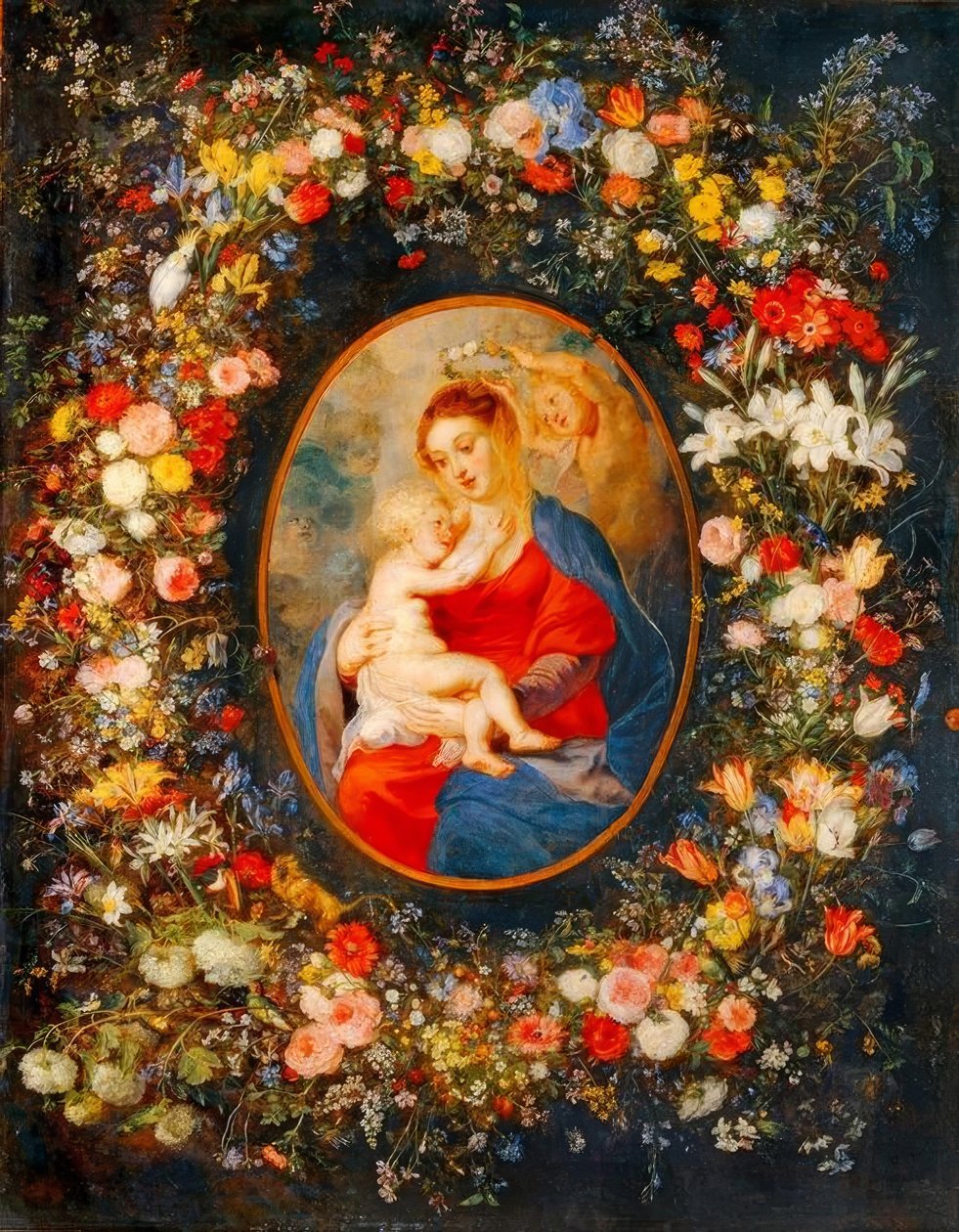 Die Jungfrau, das Jesuskind und Engel inmitten eines Blumenkranzes von Peter Paul Rubens