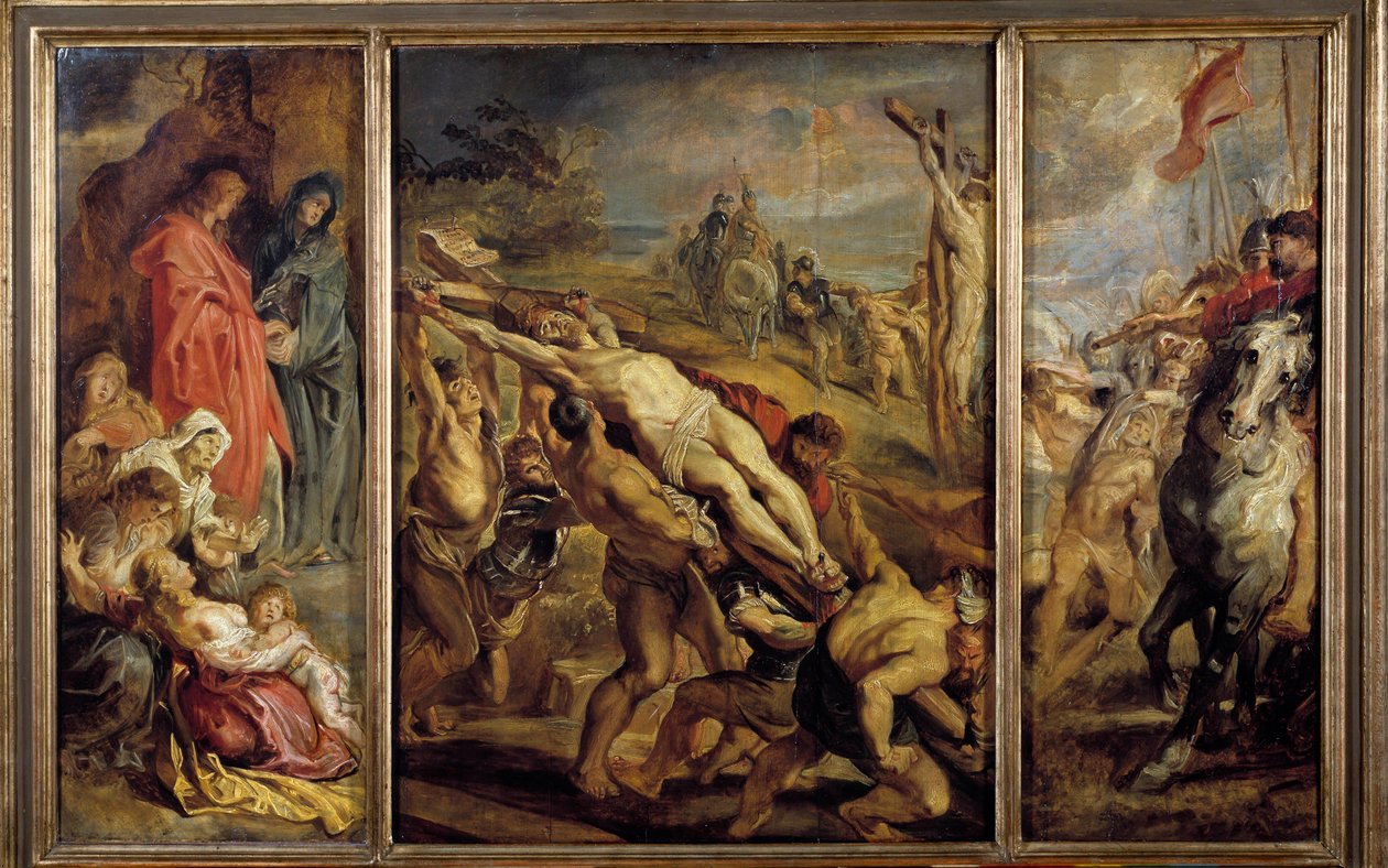 Die Errichtung des Triptychon-Kreuzes von Peter Paul Rubens (1577-1640) 17. Jahrhundert. Dim. 0,68x1,07 m Paris, Musée du Louvre von Peter Paul Rubens