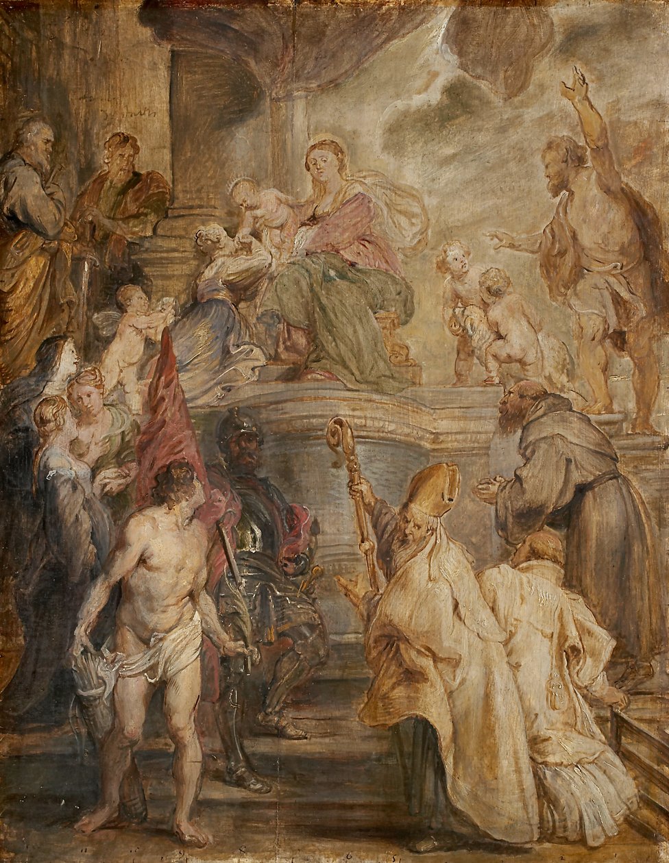 Die mystische Hochzeit der hl. Katharina (Farbskizze für den Altar der Kirche der Augustiner in Antwerpen), verso: Zwei Kavalleriegefechte von Peter Paul Rubens