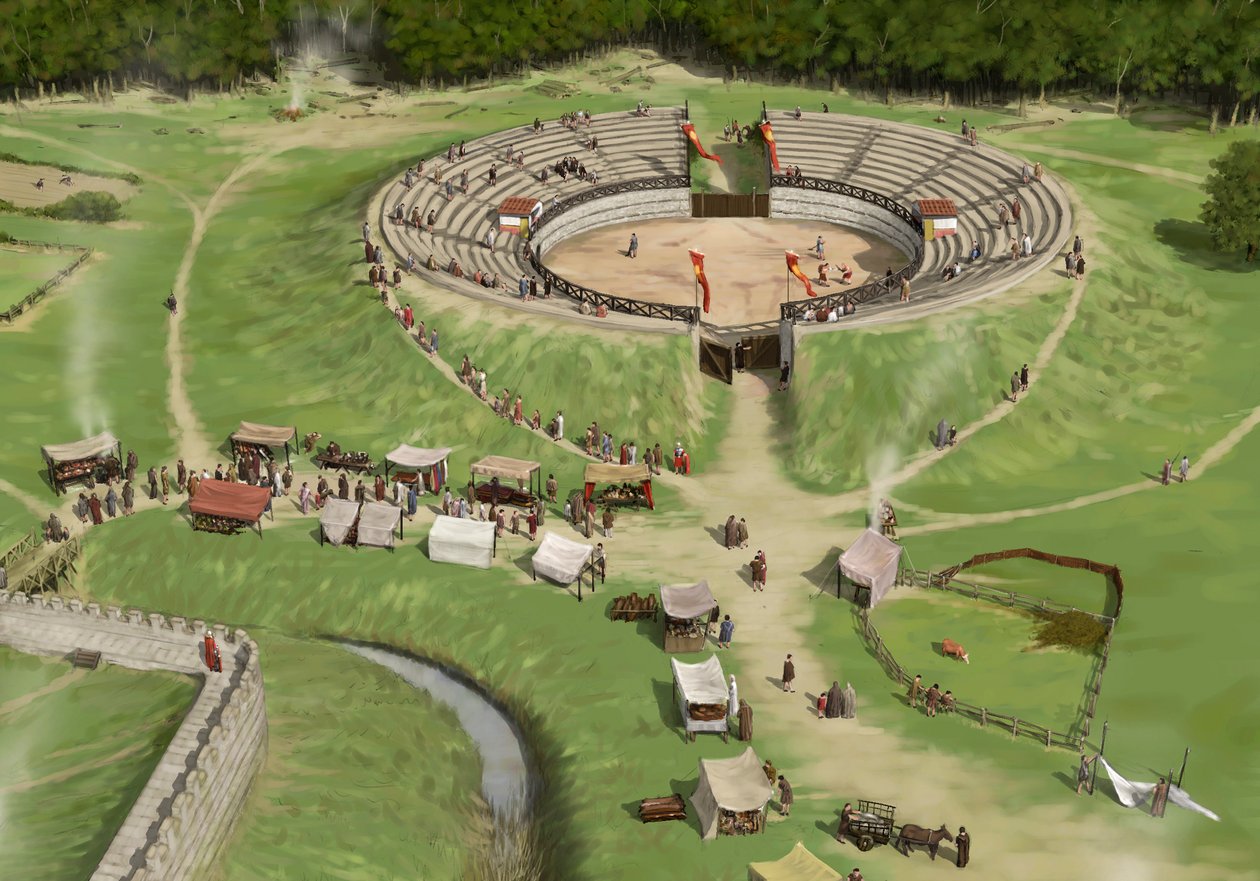 Zuschauer kommen im römischen Amphitheater von Silchester an, ca. 250 n. Chr., ca. 1990-2010 von Peter Urmston