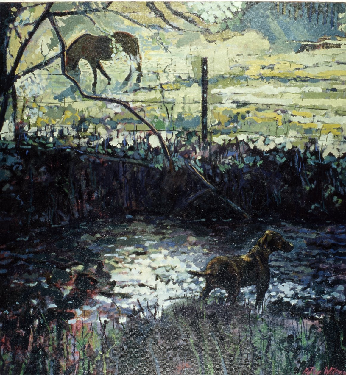 Pony und Hund auf einem Feld von Peter Wilson
