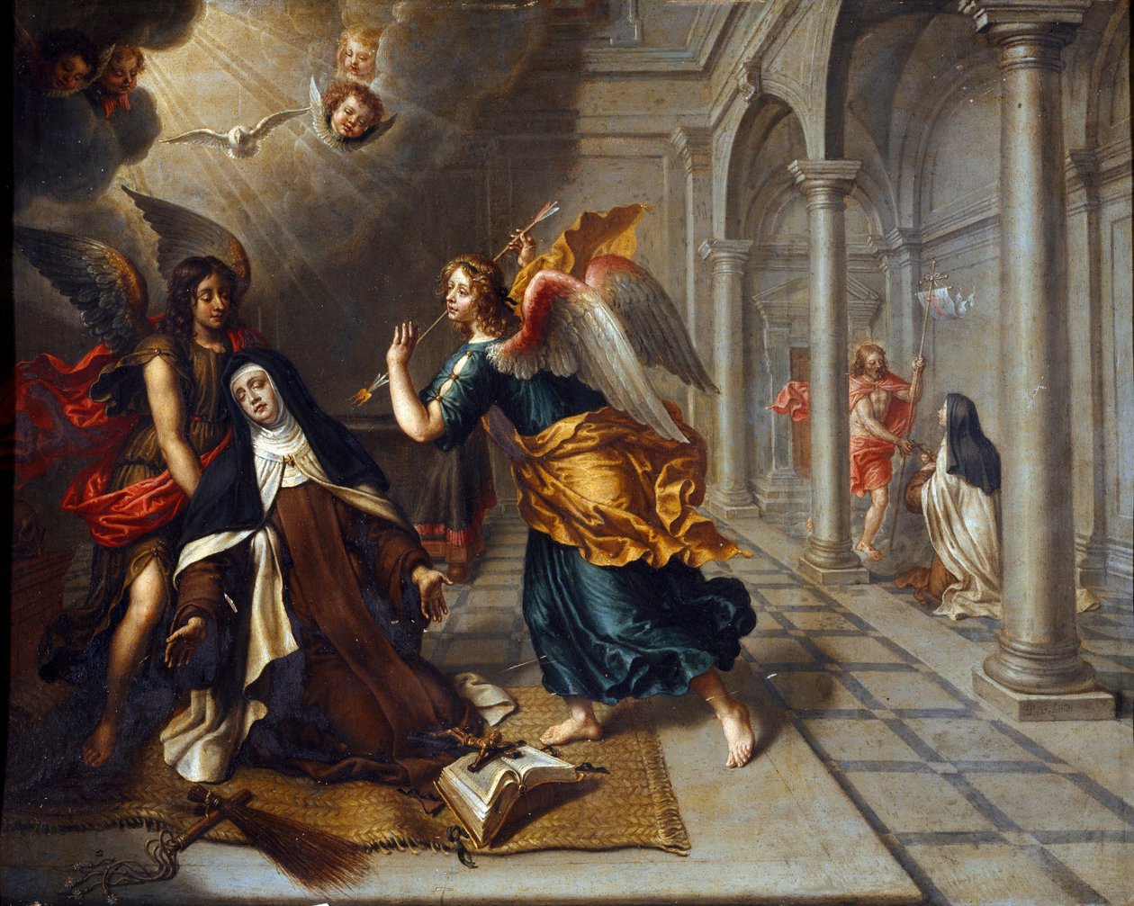 Die heilige Teresa von Ávila (vom Jesuskind) (1515-1582) trifft den Engel, der ihr Herz mit seinem goldenen Pfeil durchbohrt von Peter van Lint